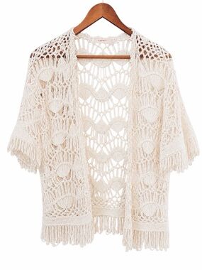 Esprit Women’s Small Ivory Crochet Open Front Cardigan Fringe Boho